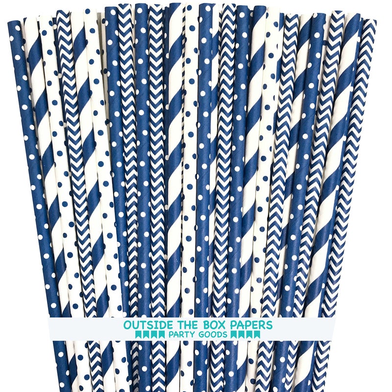 Outside the Box Papers Paper Straws - Navy Blue and White - Stripe Chevron Polka Dot - 7.75 Inches - 100 Pack - Outside the Box Papers Brand - Image 1